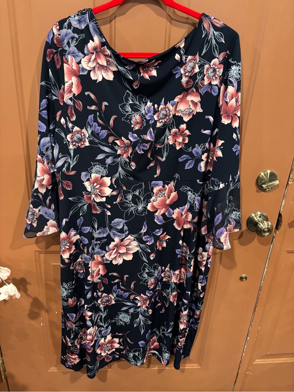 Connected size 22W Navy Floral Long-Sleeve Midi Dress
